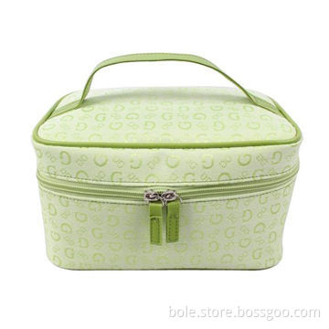 Fabric cosmetic bag with double puller and handle, outer piping keep good shape